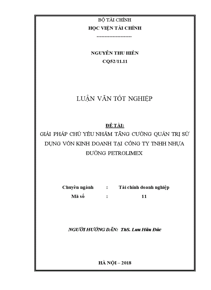 GIẢI PHÁP CHỦ YẾU NHẰM TĂNG CƯỜNG QUẢN TRỊ SỬ DỤNG VỐN KINH DOANH TẠI CÔNG TY TNHH NHỰA ĐƯỜNG PETROLIMEX