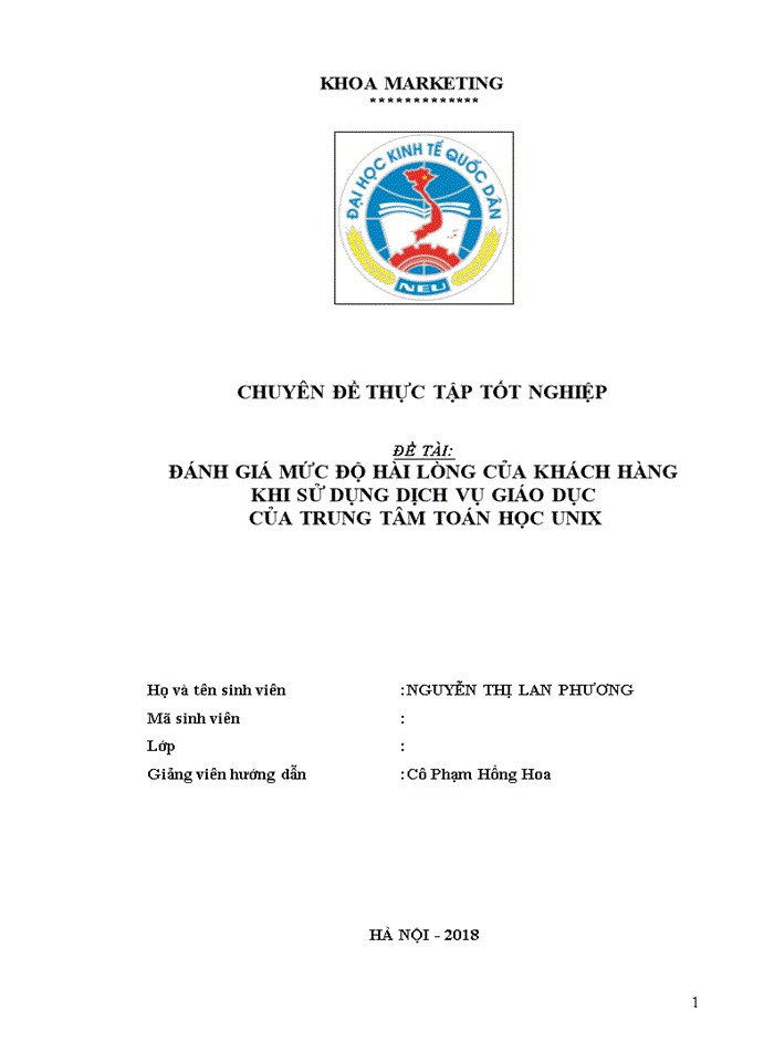 ĐÁNH GIÁ MỨC ĐỘ HÀI LÒNG CỦA KHÁCH HÀNG KHI SỬ DỤNG DỊCH VỤ GIÁO DỤC CỦA TRUNG TÂM TOÁN HỌC UNIX