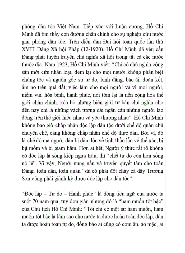 Phân tích luận điểm của Hồ Chí Minh Nước độc lập mà người dân không được hưởng tự do hạnh phúc thì độc lập không có ý nghĩa Làm rõ ý nghĩa của luận điểm đối với sự nghiệp đổi mới ở Việt Nam hiện nay