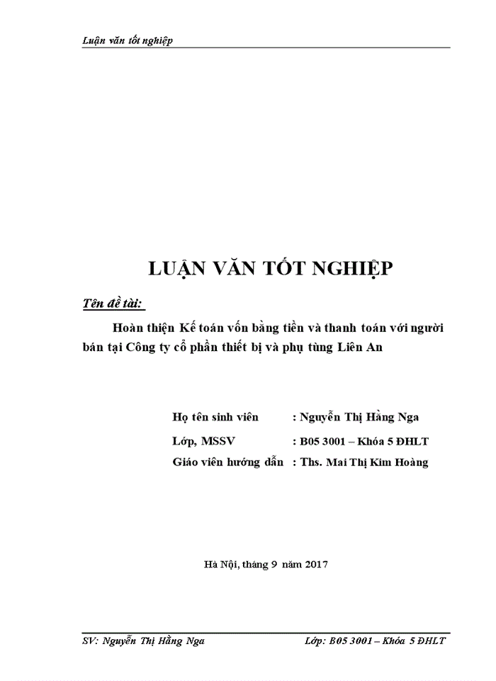 Hoàn thiện Kế toán vốn bằng tiền và thanh toán với người bán tại Công ty cổ phần thiết bị và phụ tùng Liên An