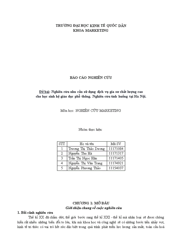 Nghiên cứu nhu cầu sử dụng dịch vụ gia sư chất lượng cao cho học sinh hệ giáo dục phổ thông Nghiên cứu tình huống tại Hà Nội