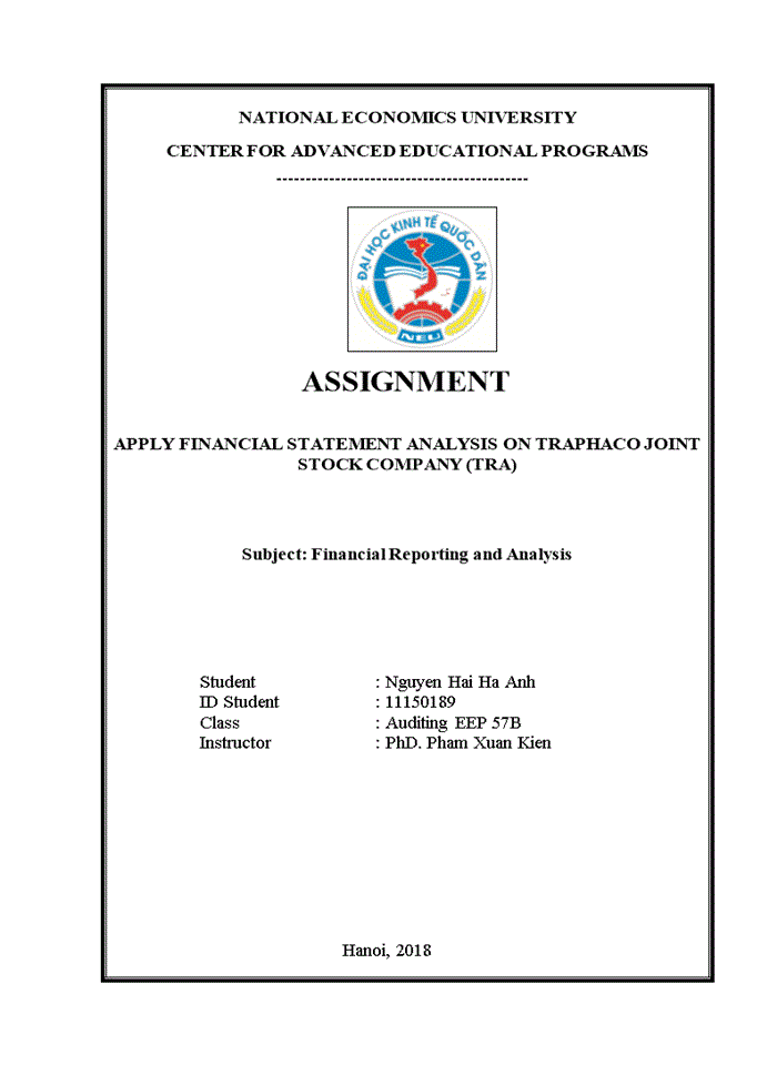 Tiếng anh APPLY FINANCIAL STATEMENT ANALYSIS ON TRAPHACO JOINT STOCK COMPANY TRA