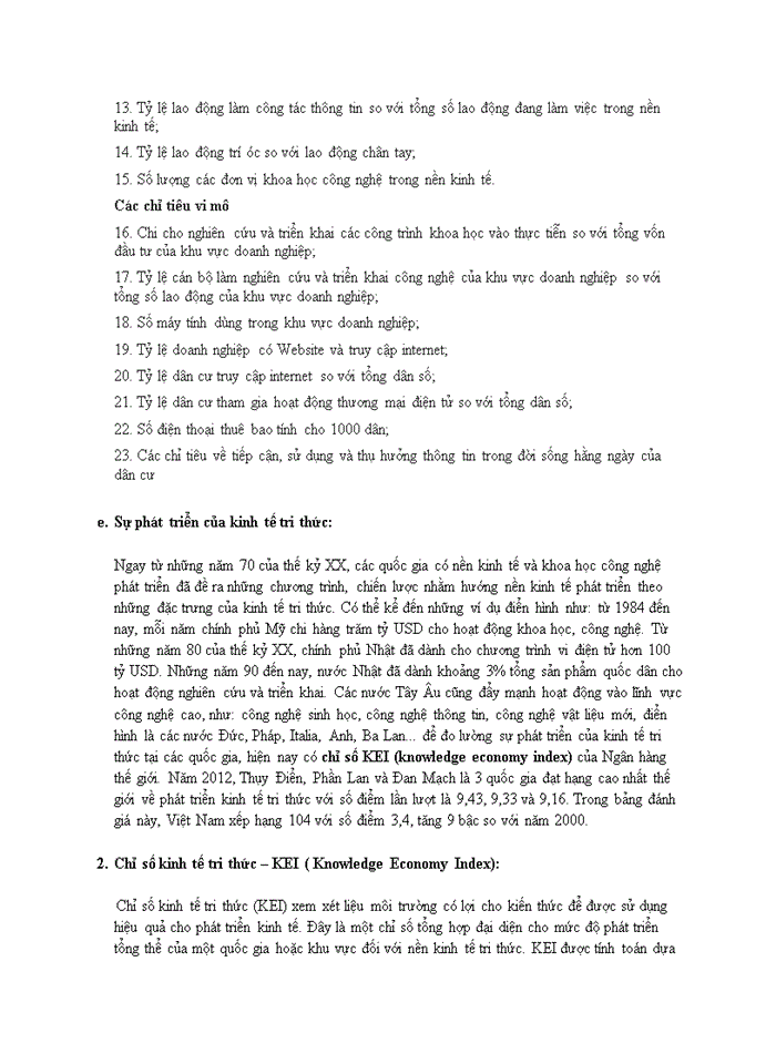 Trình bày hiểu biết của nhóm về chỉ số kinh tế tri thức KEI Liên hệ với nền kinh tế Việt Nam