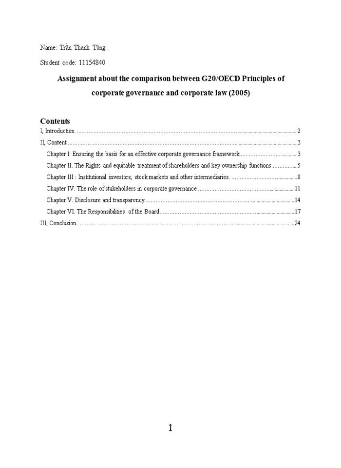 Assignment about the comparison between G20 OECD Principles of corporate governance and corporate law 2005