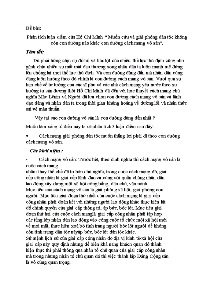 Phân tích luận điểm của Hồ Chí Minh Muốn cứu và giải phóng dân tộc không còn con đường nào khác con đường cách mạng vô sản