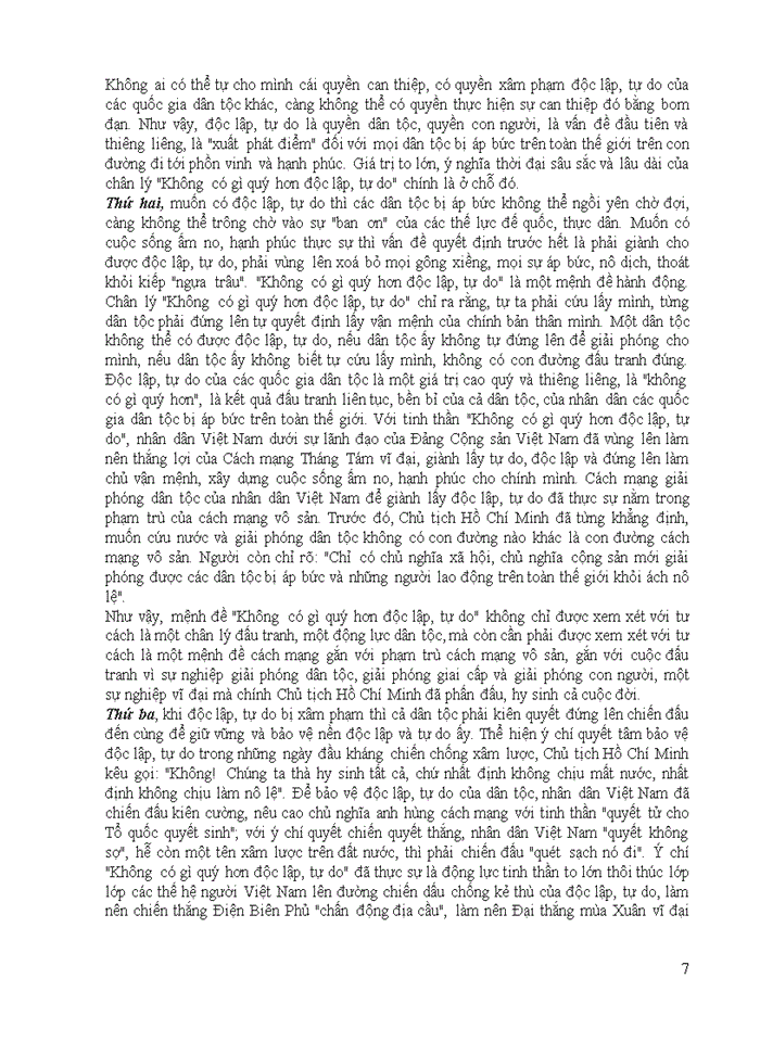 image for page Anh chị hãy phân tích câu nói của Hồ Chí Minh Không có gì quý hơn độc lập tự do Ý nghĩa của câu nói trên đối với việc bảo vệ nền độc lập chủ quyền toàn vẹn lãnh thổ nước ta hiện nay