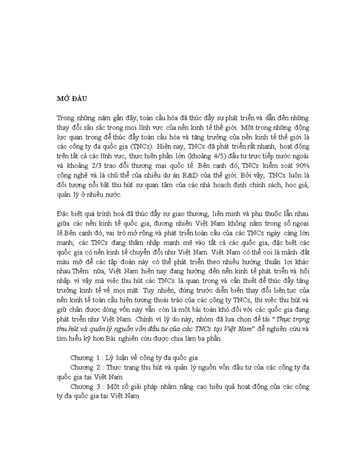 THỰC TRẠNG VÀ GIẢI PHÁP THU HÚT QUẢN LÝ NGUỒN VỐN ĐẦU TƯ CỦA CÁC CÔNG TY ĐA QUỐC GIA TẠI VIỆT NAM