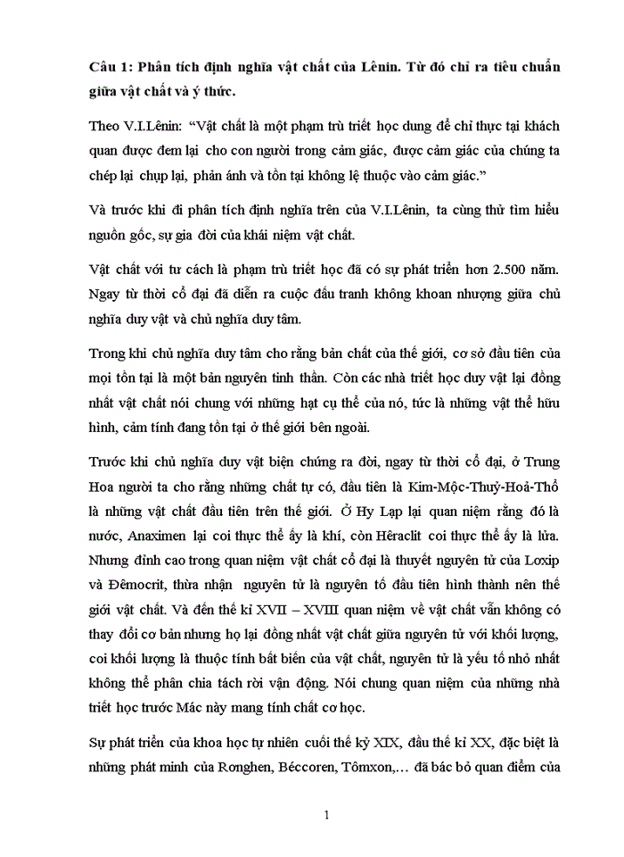 PHÂN TÍCH ĐỊNH NGHĨA VẬT CHẤT CỦA TỪ ĐÓ CHỈ RA TIÊU CHUẨN GIỮA VẬT CHẤT VÀ Ý THỨC