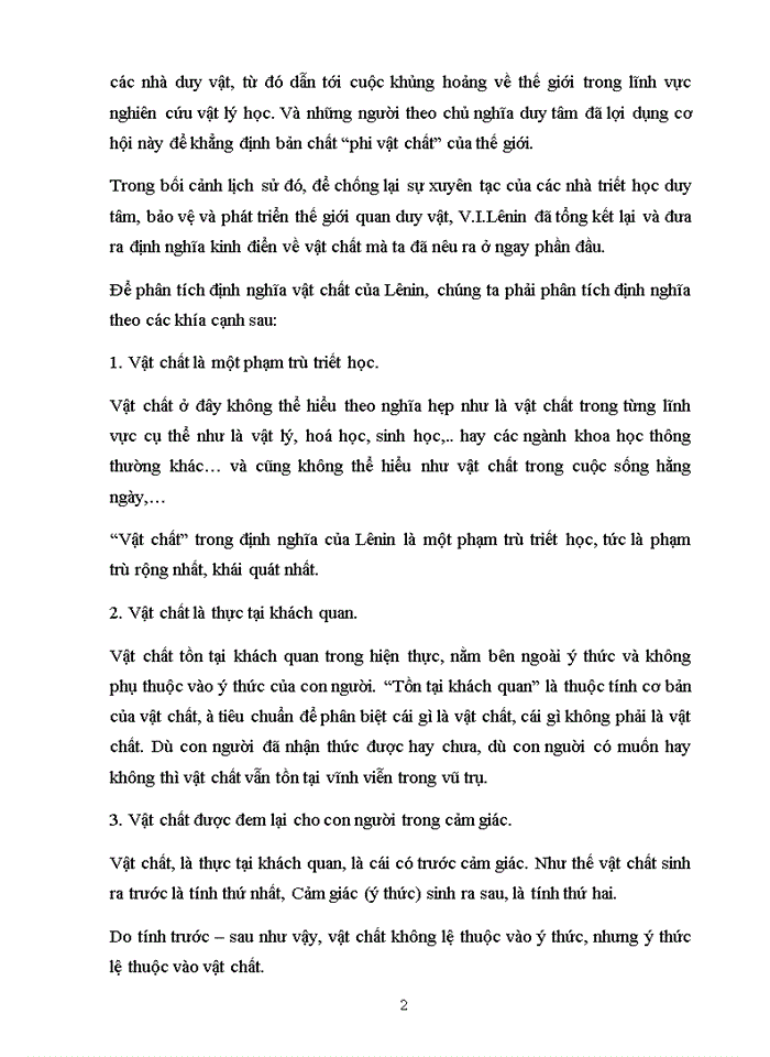 PHÂN TÍCH ĐỊNH NGHĨA VẬT CHẤT CỦA TỪ ĐÓ CHỈ RA TIÊU CHUẨN GIỮA VẬT CHẤT VÀ Ý THỨC