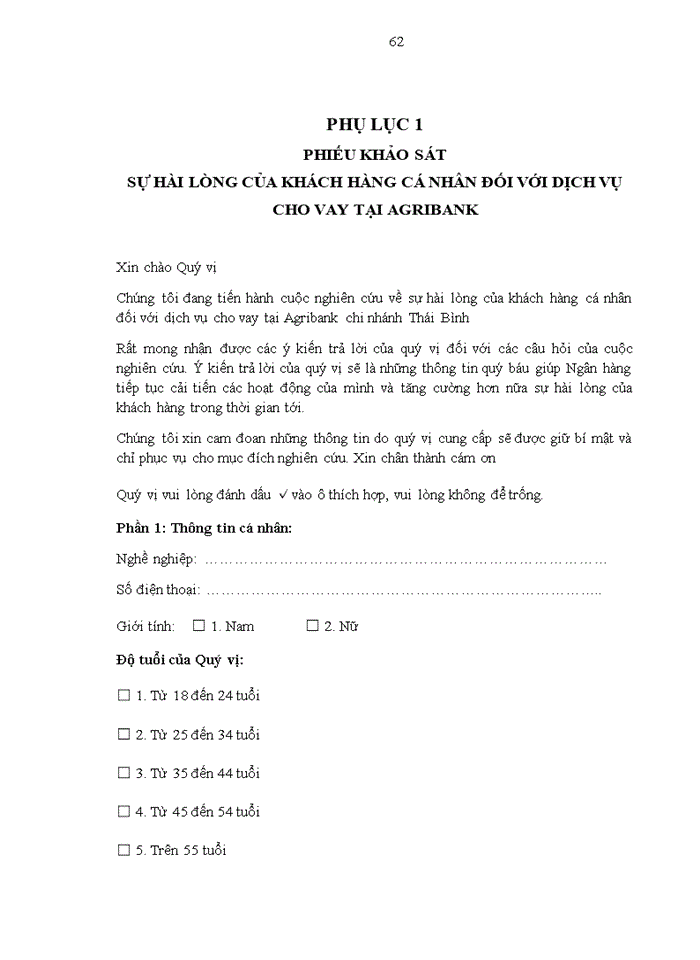 image for page ThS Sự hài lòng của khách hàng cá nhân đối với dịch vụ cho vay tại Agribank Nghiên cứu điển hình tại chi nhánh Thái Bình