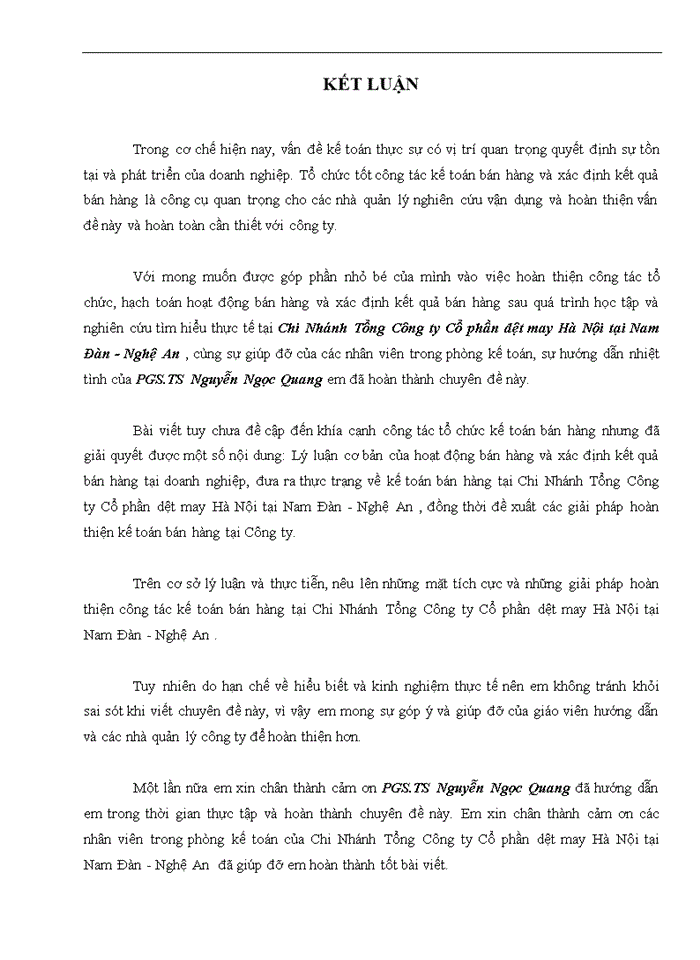 image for page Hoàn thiện kế toán bán hàng và xác định kết quả kinh doanh tại Chi nhánh Nam Đàn - Tổng Công ty Cổ phần Dệt May Hà Nội