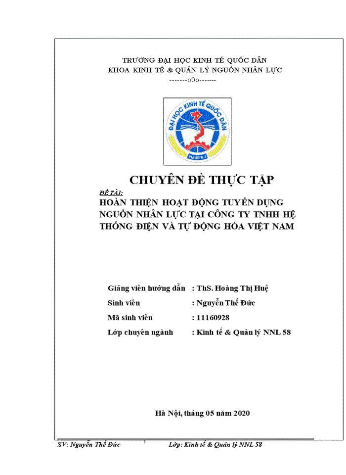 HOÀN THIỆN HOẠT ĐỘNG TUYỂN DỤNG NGUỒN NHÂN LỰC TẠI CÔNG TY TNHH HỆ THỐNG ĐIỆN VÀ TỰ ĐỘNG HÓA VIỆT NAM