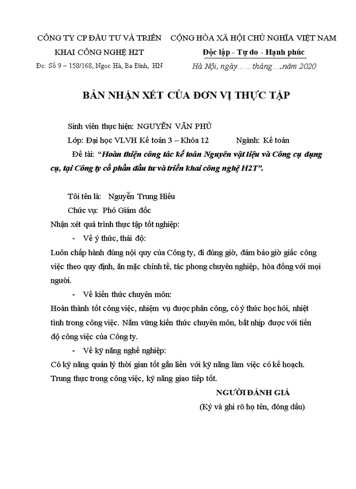 image for page Hoàn thiện công tác kế toán Nguyên vật liệu và Công cụ dụng cụ tại Công ty cổ phần đầu tư và triển khai công nghệ H2T