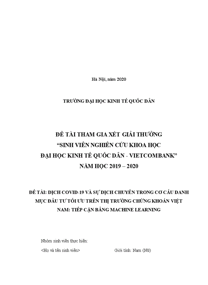 DỊCH COVID-19 VÀ SỰ DỊCH CHUYỂN TRONG CƠ CẤU DANH MỤC ĐẦU TƯ TỐI ƯU TRÊN THỊ TRƯỜNG CHỨNG KHOÁN VIỆT NAM TIẾP CẬN BẰNG MACHINE LEARNING