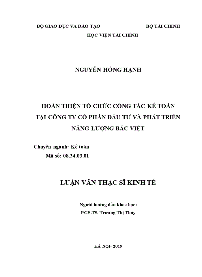 HOÀN THIỆN TỔ CHỨC CÔNG TÁC KẾ TOÁN TẠI CÔNG TY CỔ PHẦN ĐẦU TƯ VÀ PHÁT TRIỂN NĂNG LƯỢNG BẮC VIỆT