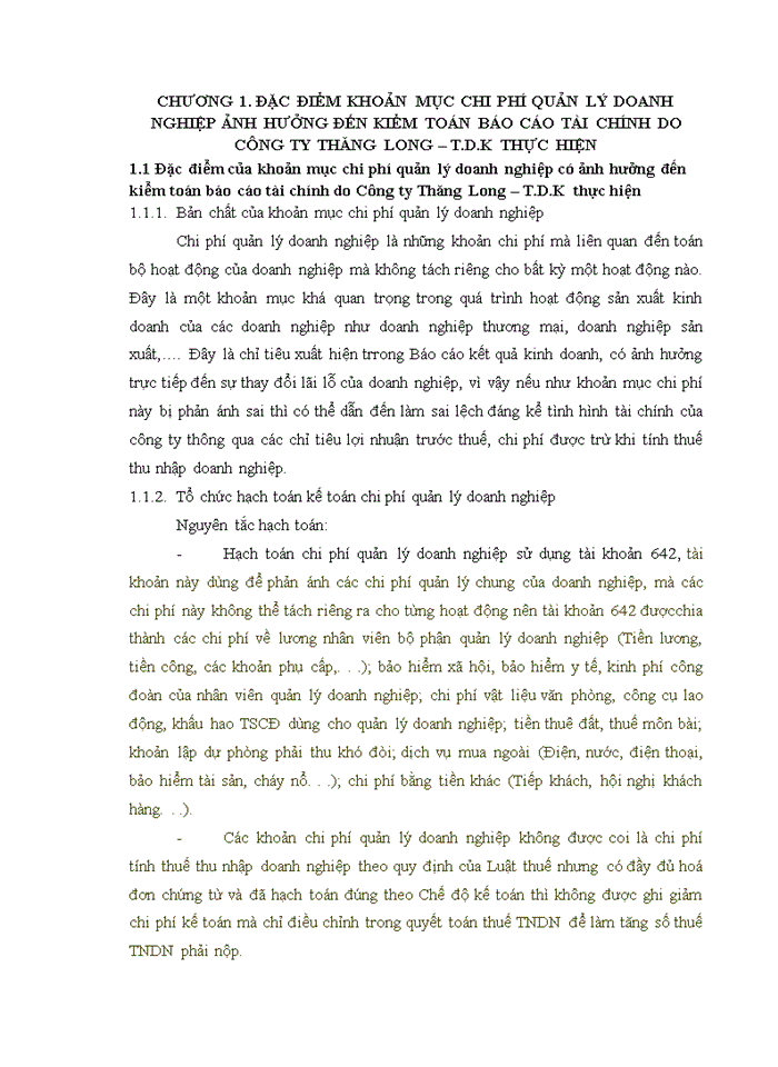 image for page Vận dụng quy trình kiểm toán vào kiểm toán khoản mục chi phí quản lý doanh nghiệp trong kiểm toán báo cáo tài chính do Công ty TNHH Kiểm toán và Định giá Thăng Long T D K Chi nhánh Hà Thành thực hiện