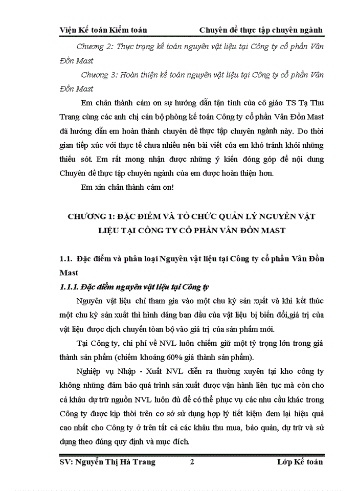 Hoàn thiện kế toán nguyên vật liệu tại Công ty cổ phần Vân Đồn Mast