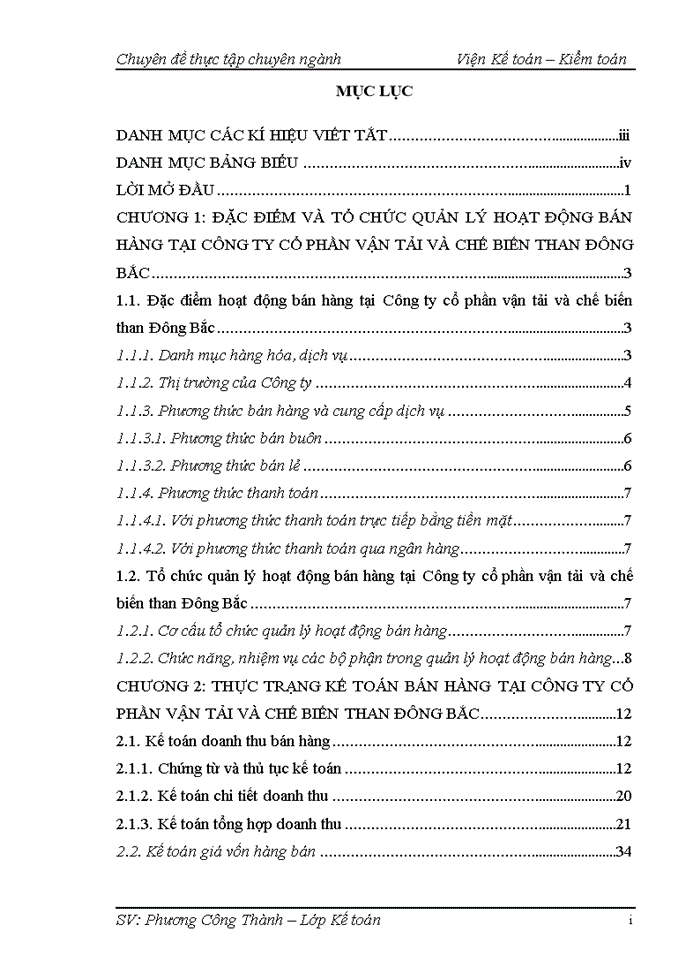 Hoàn thiện kế toán bán hàng tại Công ty cổ phần vận tải và chế biến than Đông Bắc