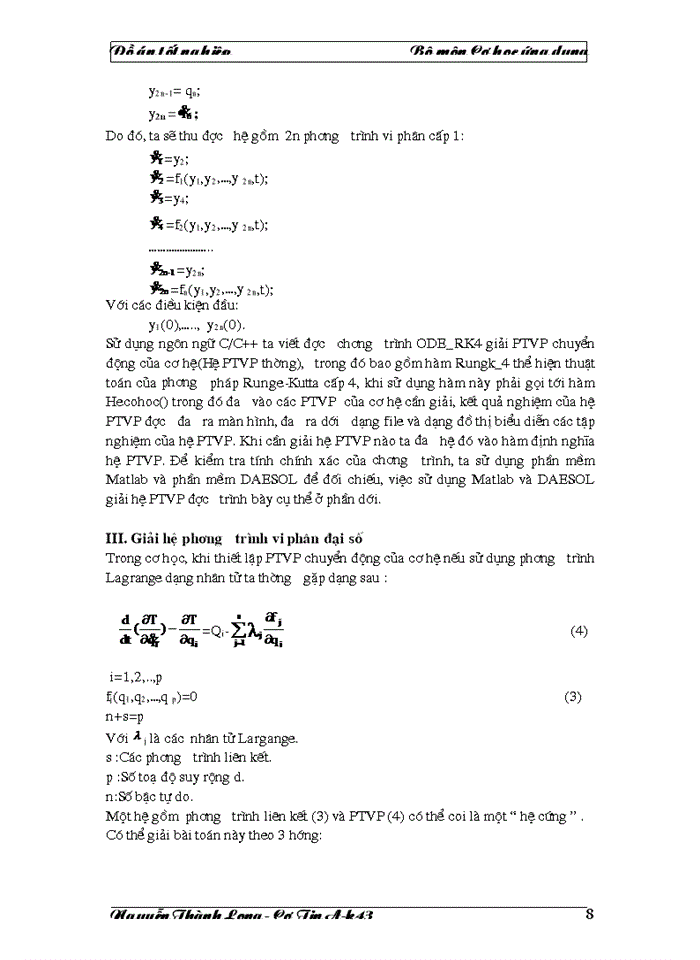 image for page Vấn đề giải phương trình chuyển động của cơ hệ sử dụng các công cụ phần mềm, qua các phần mềm MatLab và DAESOL
