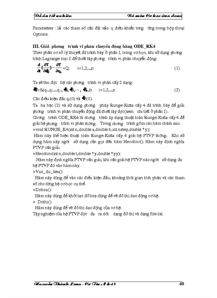 image for page Vấn đề giải phương trình chuyển động của cơ hệ sử dụng các công cụ phần mềm, qua các phần mềm MatLab và DAESOL