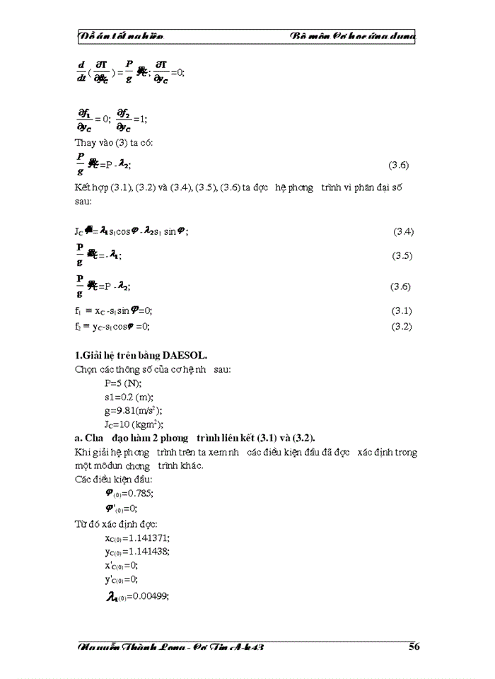 image for page Vấn đề giải phương trình chuyển động của cơ hệ sử dụng các công cụ phần mềm, qua các phần mềm MatLab và DAESOL