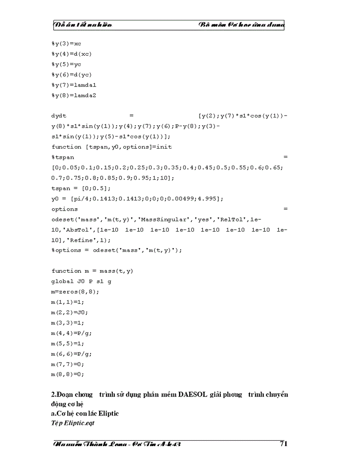 image for page Vấn đề giải phương trình chuyển động của cơ hệ sử dụng các công cụ phần mềm, qua các phần mềm MatLab và DAESOL