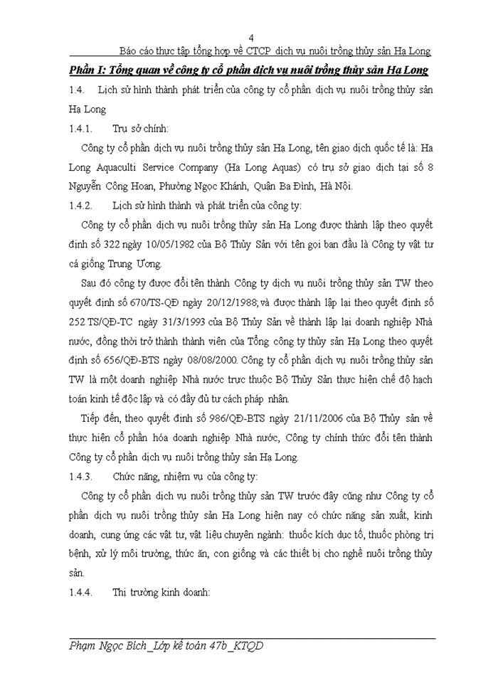 Báo cáo thực tập tổng hợp về Công ty cổ phần dịch vụ nuôi trồng thủy sản Hạ Long.