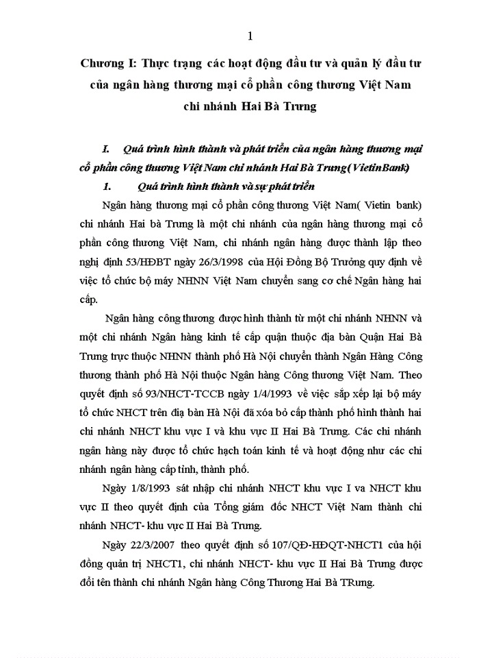 Thực trạng các hoạt động đầu tư và quản lý đầu tư của ngân hàng thương mại cổ phần công thương Việt Nam chi nhánh Hai Bà Trưng