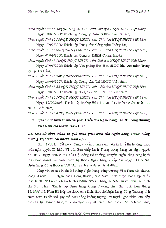 Tổng quan về Ngân hàng thương mại cổ phần Công thương Việt Nam và Ngân hàng TMCP Công thương Việt Nam chi nhánh  Nam Định