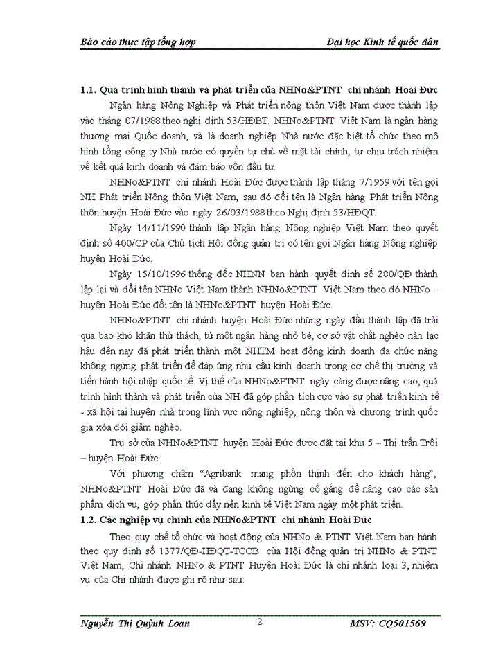 Thực trạng hoạt động và kết quả kinh doanh của nhno&ptnt chi nhánh hoài đức