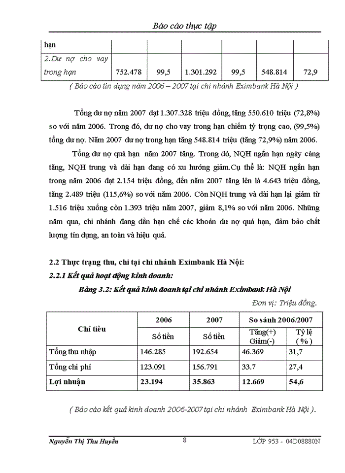 Tình hình hoạt động kinh doanh của chi nhánh ngân hàng Eximbank Hà Nội năm 2006 – năm 2007.