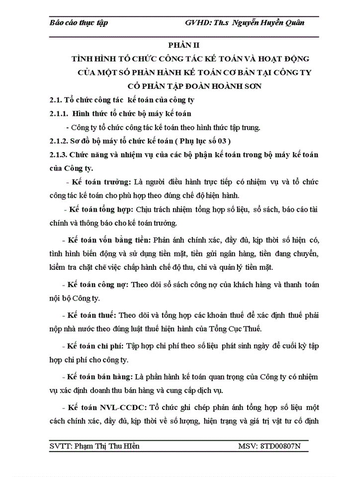 Tình hình tổ chức công tác kế toán và hoạt động của một số phần hành kế toán cơ bản