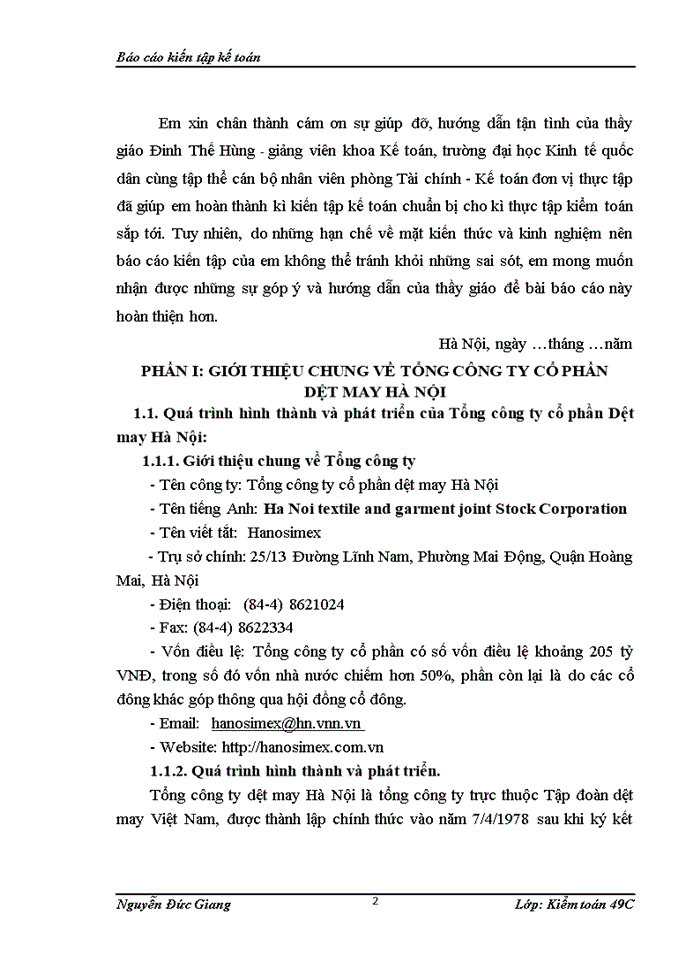 Thực tế công tác kế toán tại Tổng công ty Dệt may Hà Nội.