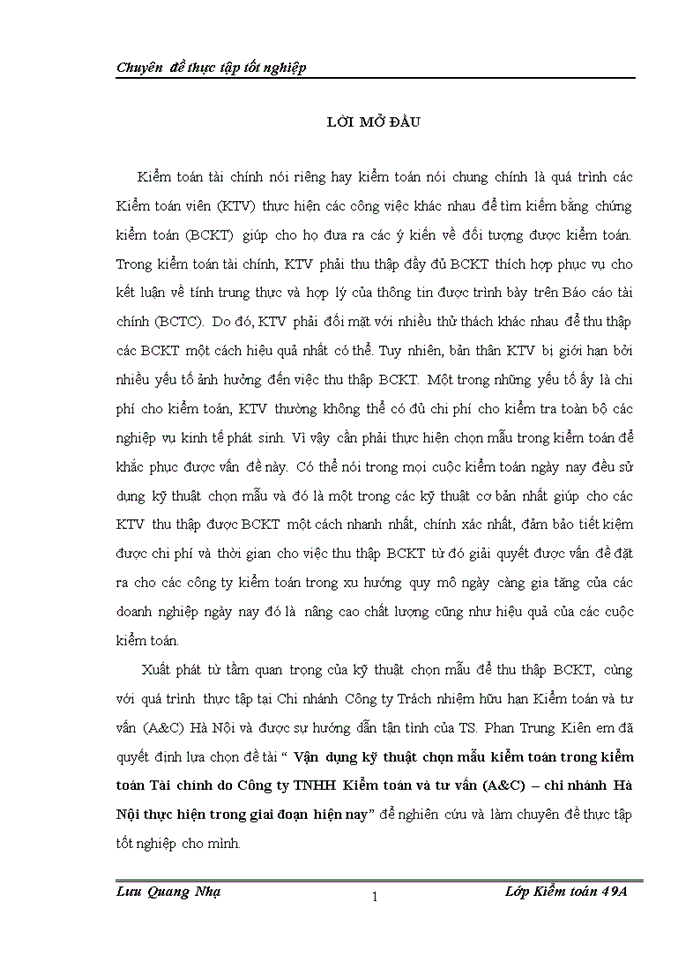 Thực trạng tiến hành chọn mẫu kiểm toán trong kiểm toán tài chính tại công ty trách nhiệm hữu hạn kiểm toán và tư vấn (a&c) – chi nhánh hà nội
