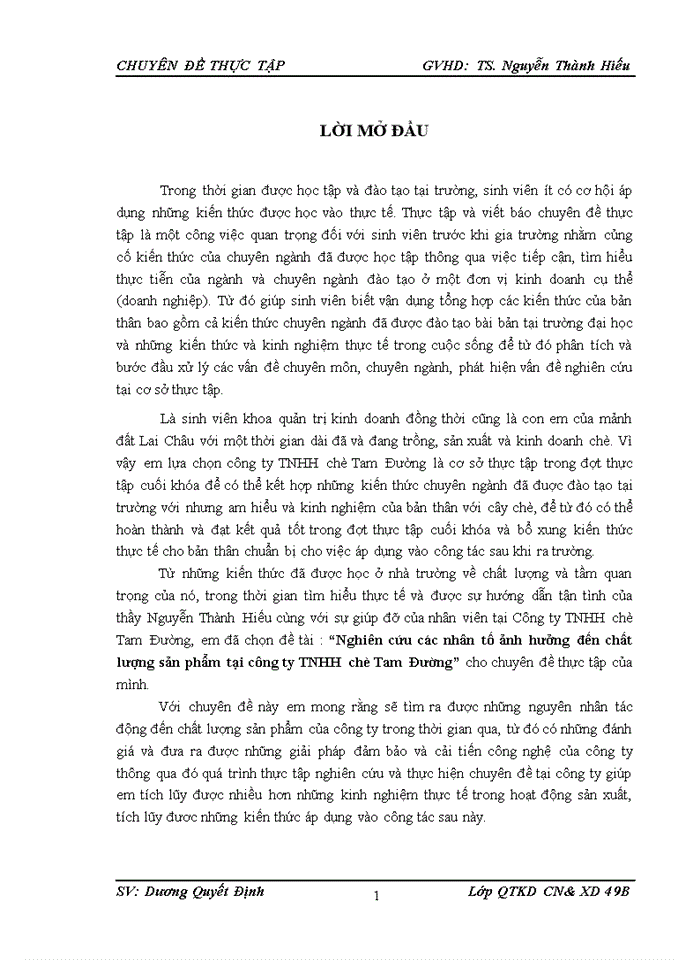 Nghiên cứu các nhân tố ảnh hưởng đến chất lượng sản phẩm tại công ty TNHH chè Tam Đường