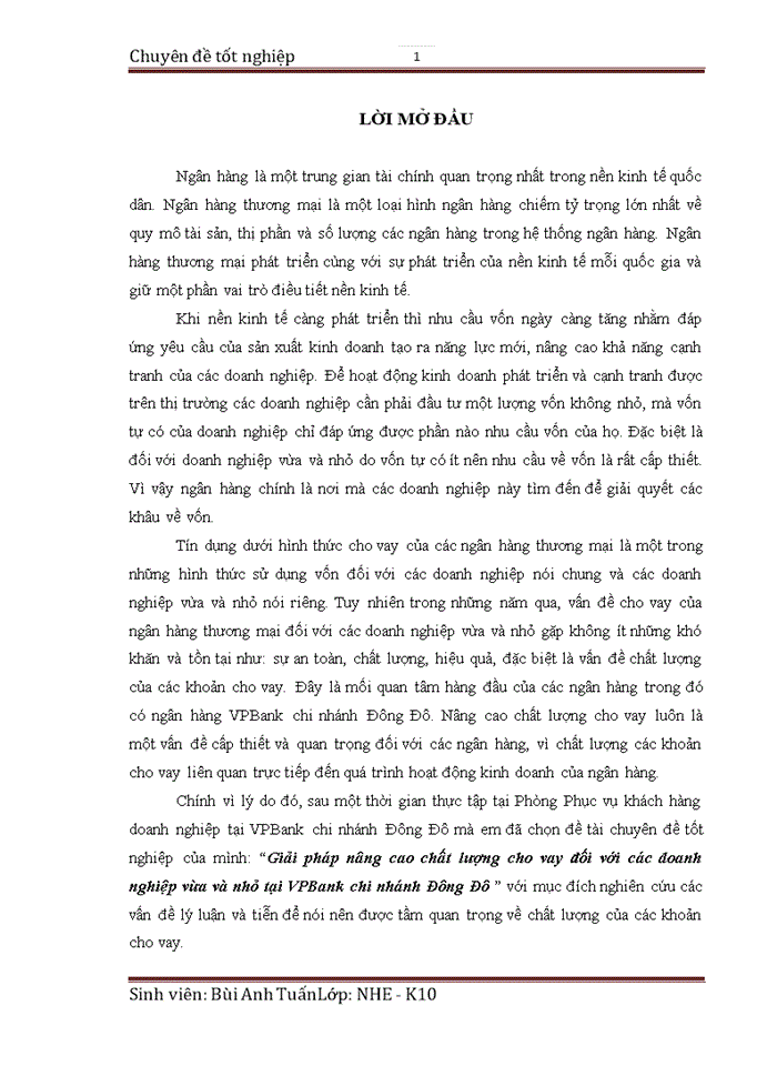Giải pháp nâng cao chất lượng cho vay đối với các doanh nghiệp vừa và nhỏ tại VPBank chi nhánh Đông Đô