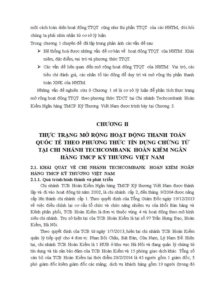 image for page Giải pháp mở rộng hoạt động thanh toán quốc tế theo phương thức tín dụng chứng từ tại chi nhánh techcombank hoàn kiếm ngân hàng tmcp kỹ thương việt nam