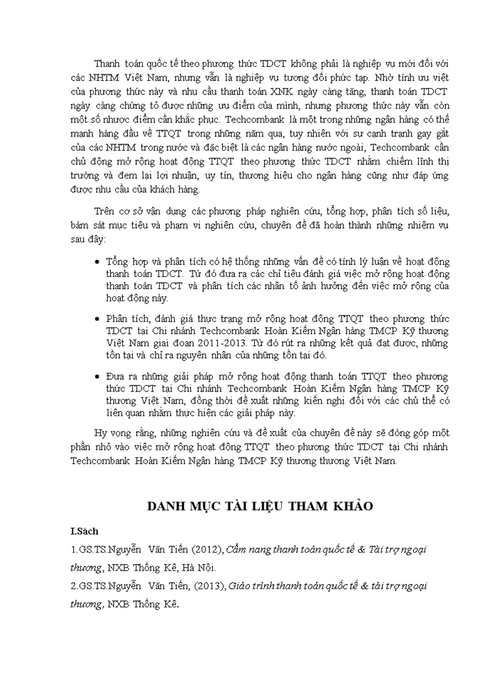 image for page Giải pháp mở rộng hoạt động thanh toán quốc tế theo phương thức tín dụng chứng từ tại chi nhánh techcombank hoàn kiếm ngân hàng tmcp kỹ thương việt nam