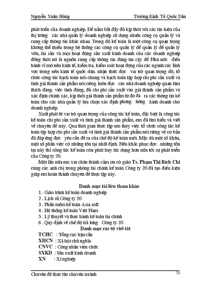 image for page Hoàn thiện công tác hạch toán chi phí  sản xuất và tính giá thành sản phẩm tại Công ty 20