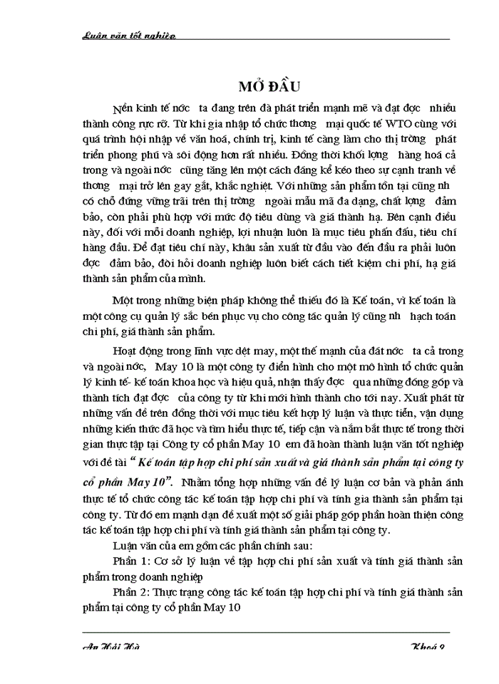 Kế toỏn tập hợp chi phớ sản xuất và giỏ thành sản phẩm tại cụng ty cổ phần May 10