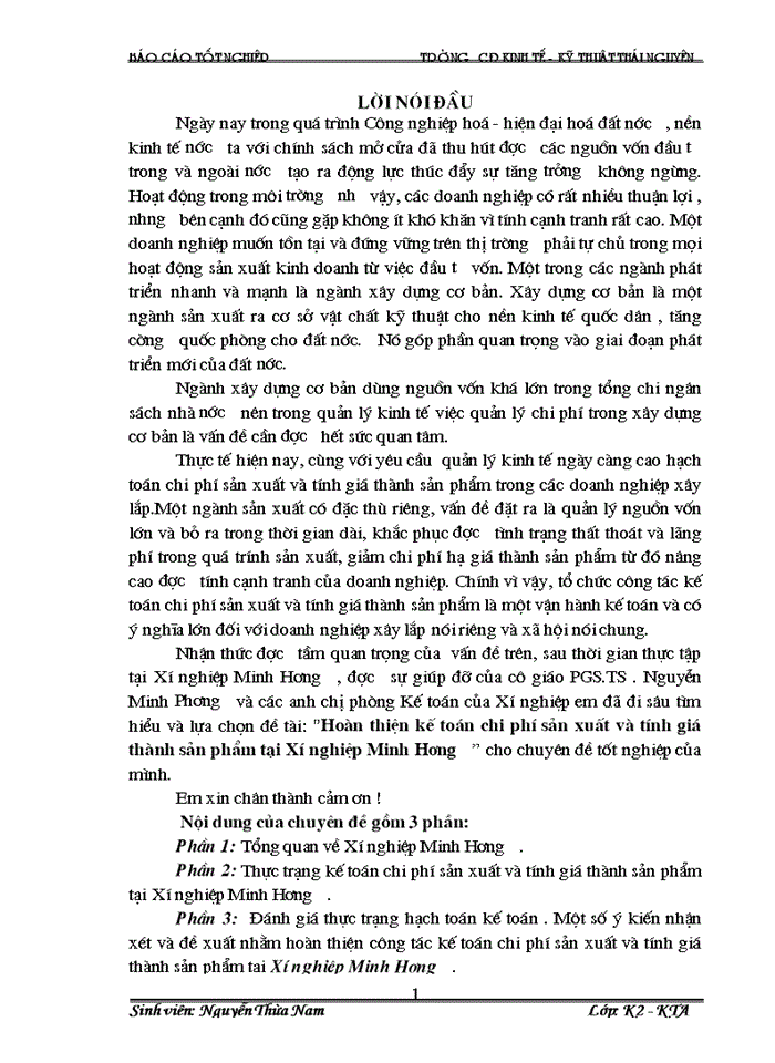 Hoàn thiện kế toỏn chi phớ sản xuất và tớnh giỏ thành sản phẩm tại Xớ nghiệp Minh Hương