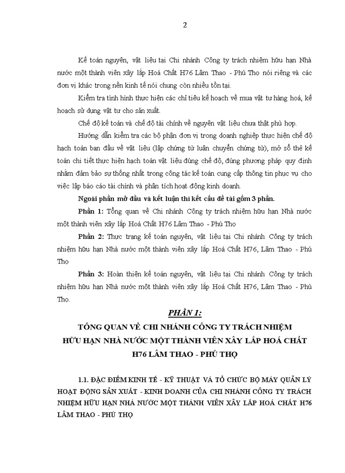 Thực trạng kế toán nguyên, vật liệu tại Chi nhánh Công ty trách nhiệm hữu hạn Nhà nước một thành viên xây lắp Hoá Chất H76, Lâm Thao - Phú Thọ