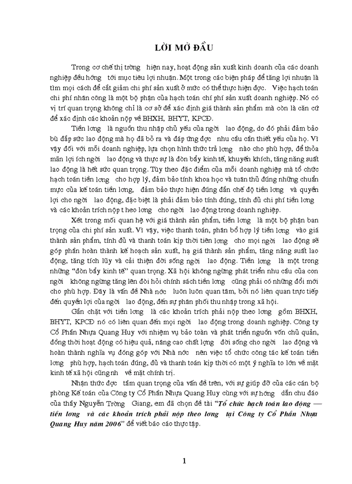image for page Tổ chức hạch toán lao động – tiền lương và các khoản trích phải nộp theo lương tại Công ty Cổ Phần Nhựa Quang Huy năm 2006