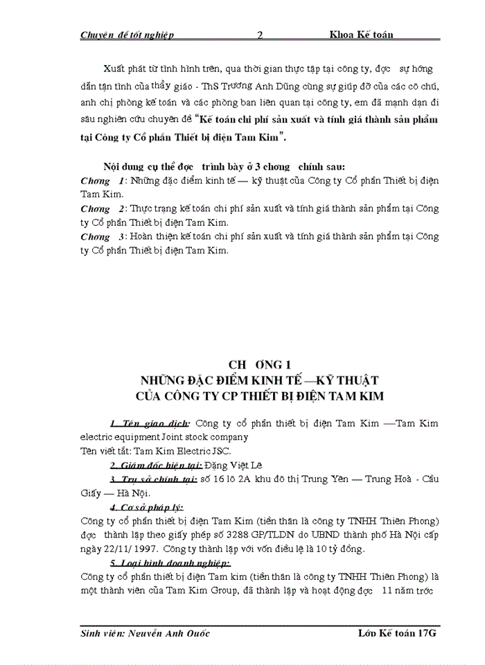 Kế toán chi phí sản xuất và tính giá thành sản phẩm tại Công ty Cổ phần Thiết bị điện Tam Kim