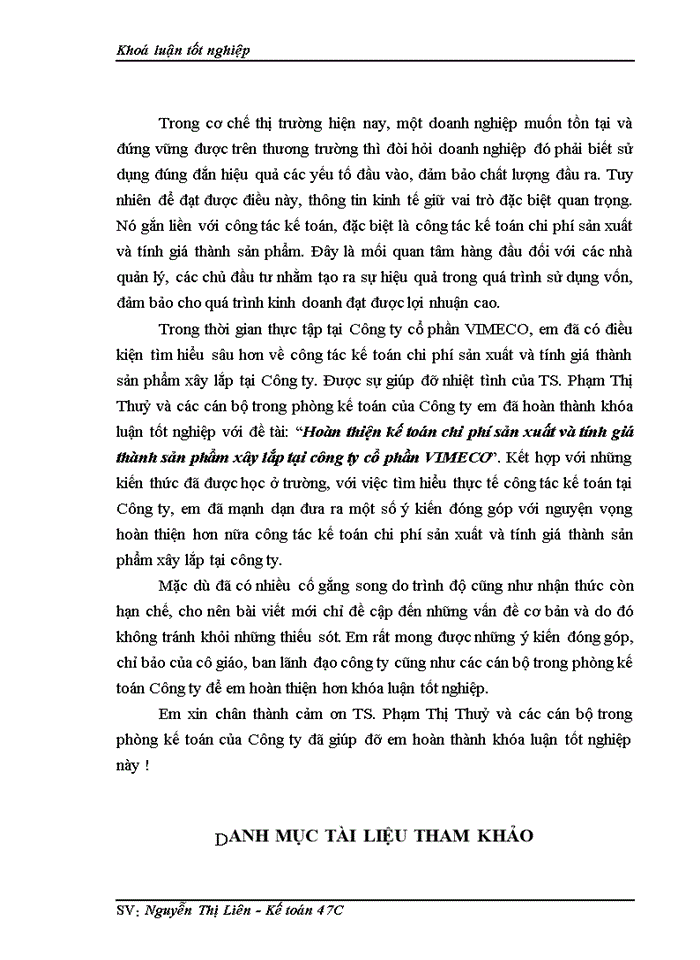 image for page Hoàn thiện kế toán chi phí sản xuất và tính giá thành sản phẩm xây lắp tại công ty cổ phần VIMECO