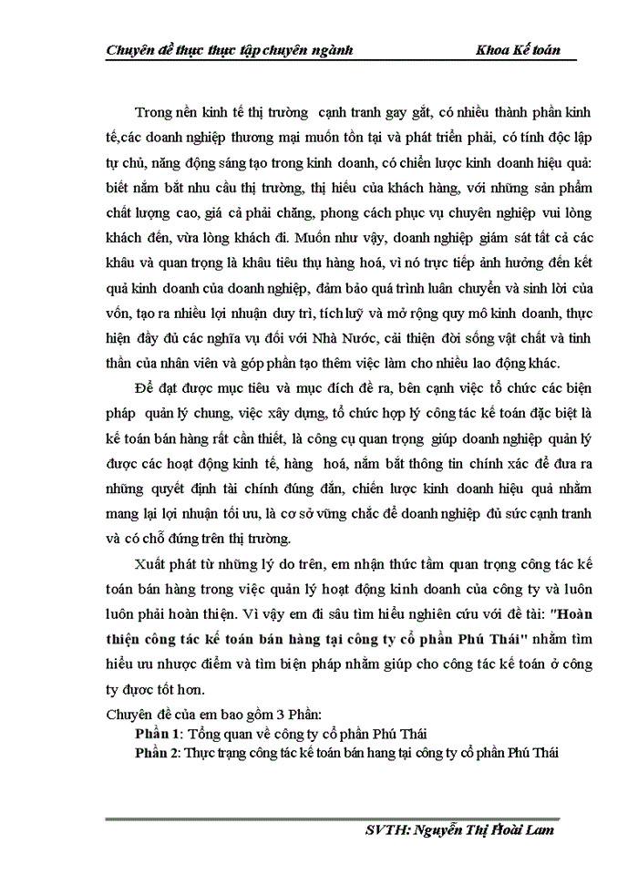 Hoàn thiện công tác kế toán bán hàng tại công ty cổ phần Phú Thái