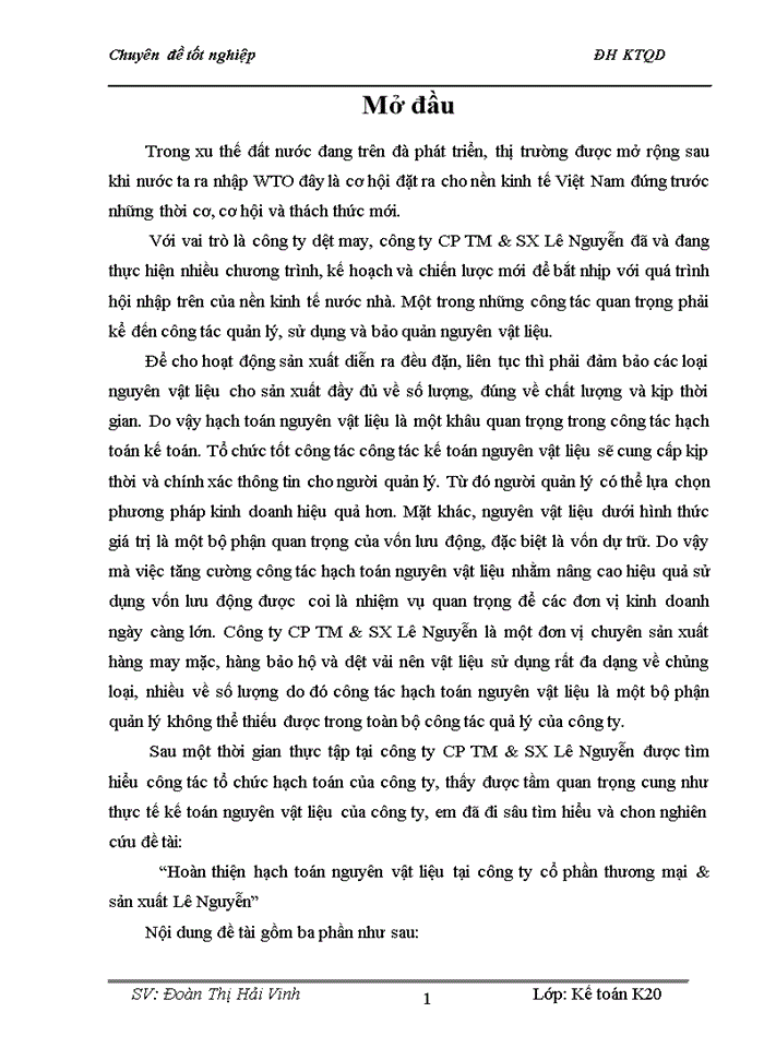 Hoàn thiện hạch toán nguyên vật liệu tại công ty cổ phần thương mại & sản xuất Lê Nguyễn