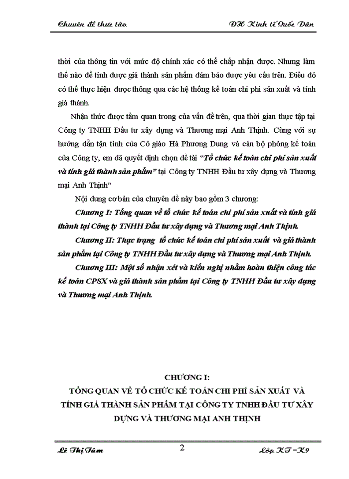 Tổ chức kế toán chi phí sản xuất và tính giá thành sản phẩm” tại Công ty TNHH Đầu tư xây dựng và Thương mại Anh Thịnh”
