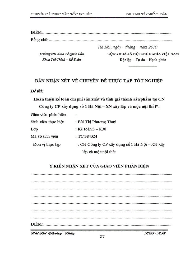 image for page Hoàn thiện kế toán chi phí sản xuất và tính gía thành sản phẩm tại CN Công ty cổ phần xây dựng số 1 Hà Nội – XN xây lắp và mộc nội thất