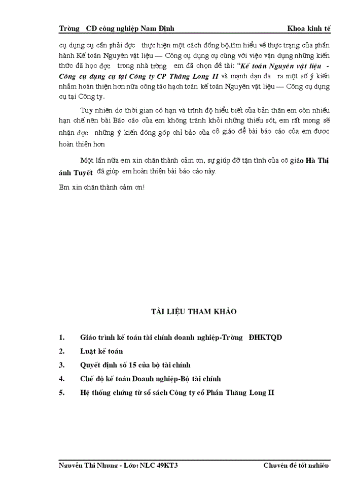 image for page Kế toán Nguyên vật liệu và Công cụ dụng cụ tại Công ty CP Thăng Long II